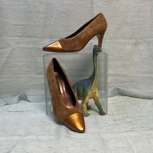 Larry Stuart Brown Suede with Almond Bronze Patent Leather Toe Heels | 7.5 N